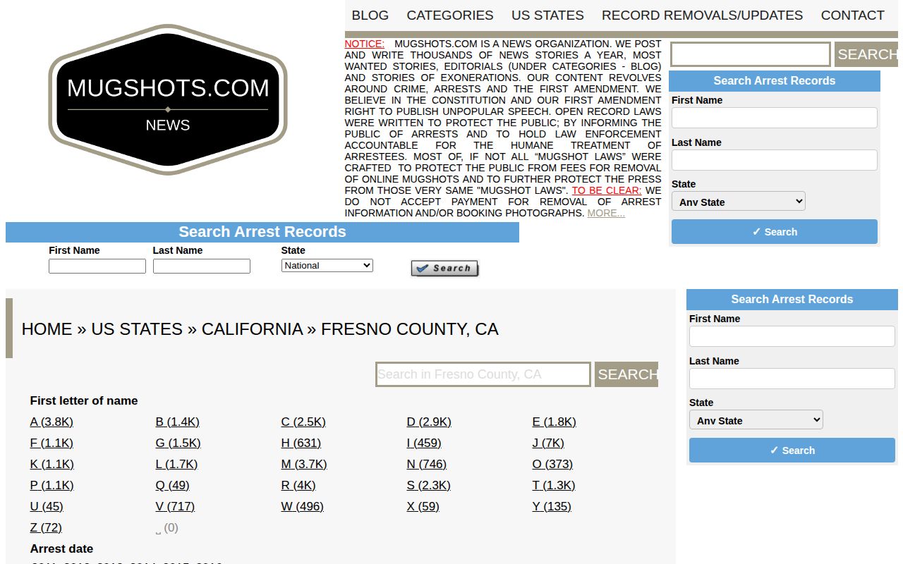 Unofficial Mugshots.com Fresno County legacy archive