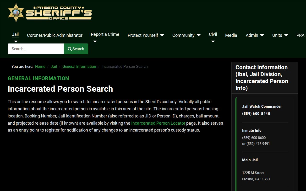 Fresno County Jail inmate record search information