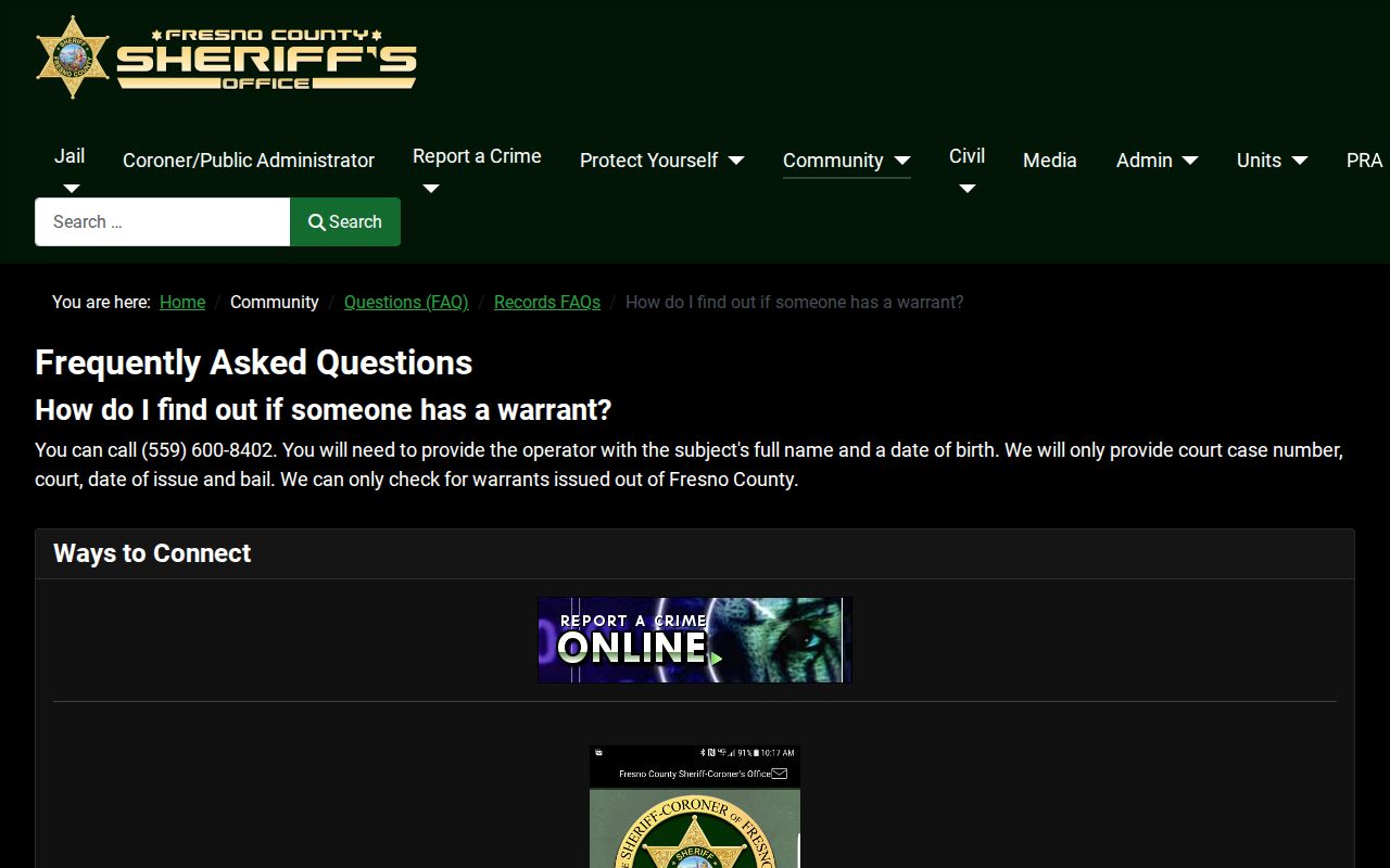 Fresno County Sheriff warrant check instructions